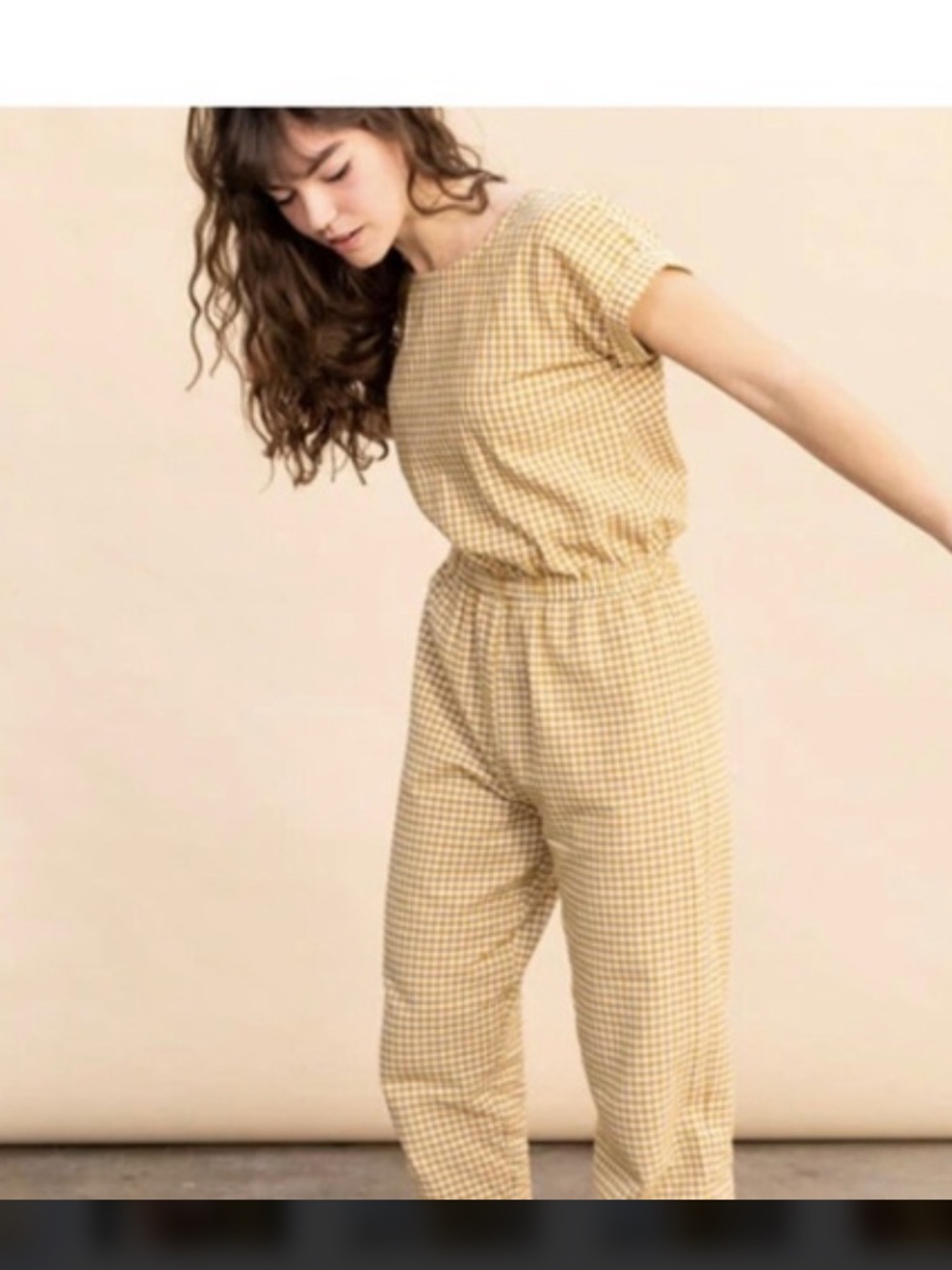 Adele Romper Gingham Short-Sleeve Jumpsuit in Mustard